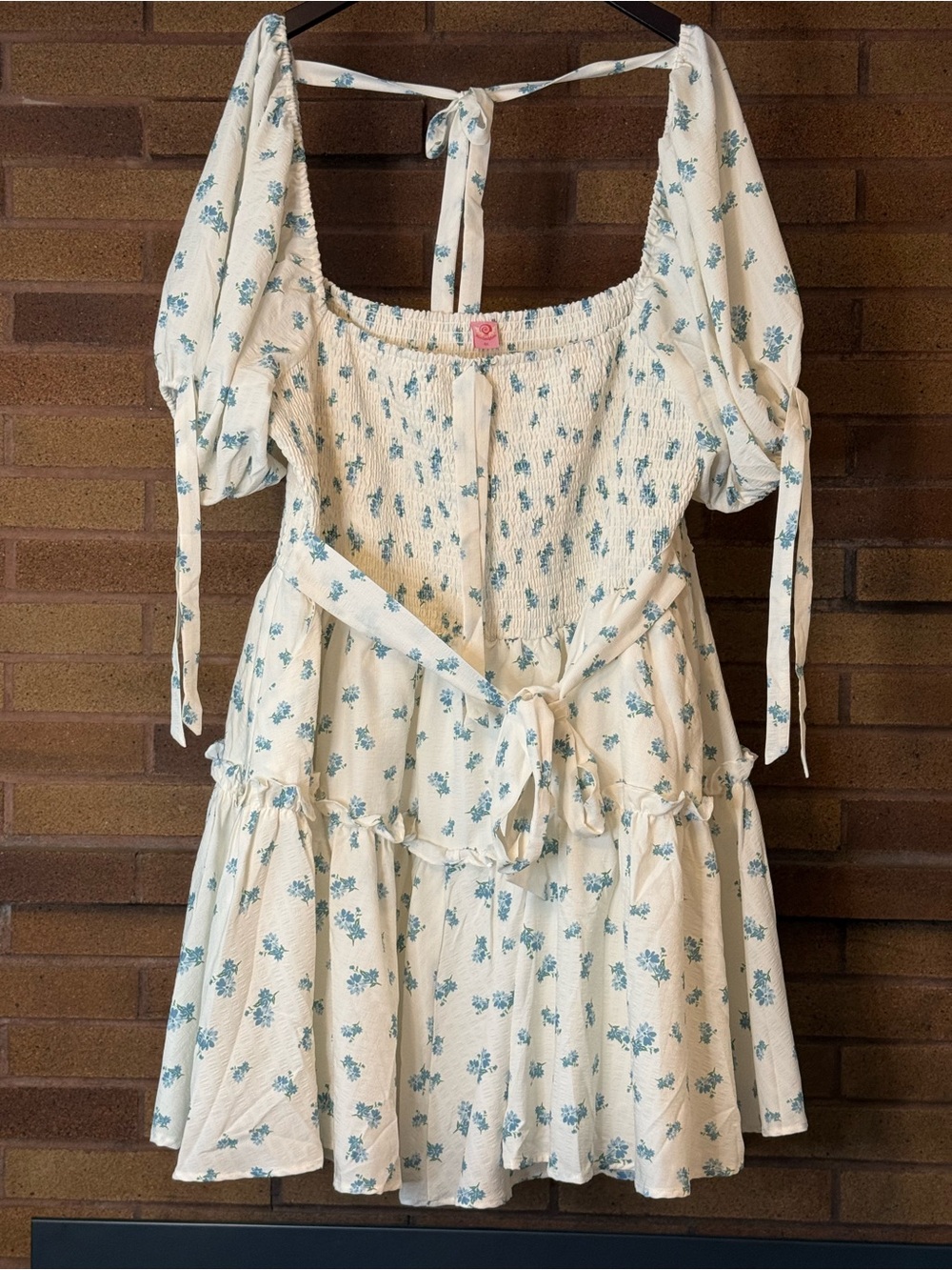 Miss Candyholic Smocked Puff-Sleeve Floral Dress Blue on White